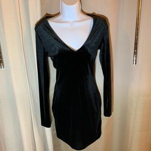 Black velvety mini dress with long sleeves